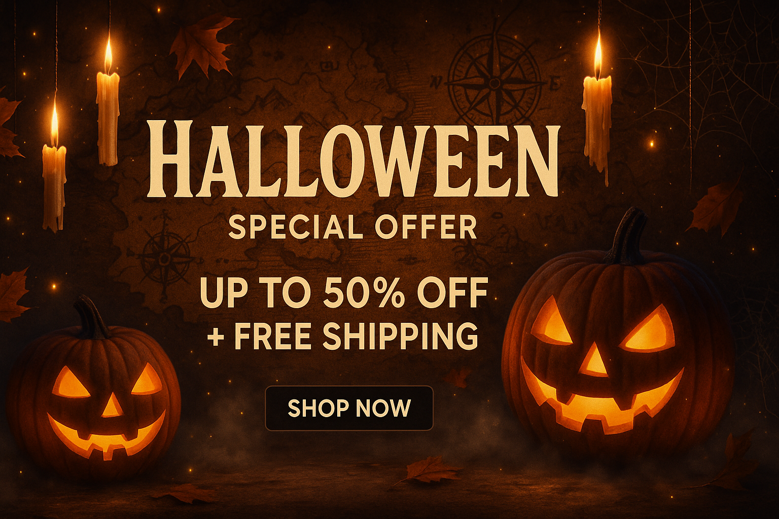 add spooky treasure map at the background and add hanging candles and make it more livelier; reduce the image banner height and reduce text size by 15%
