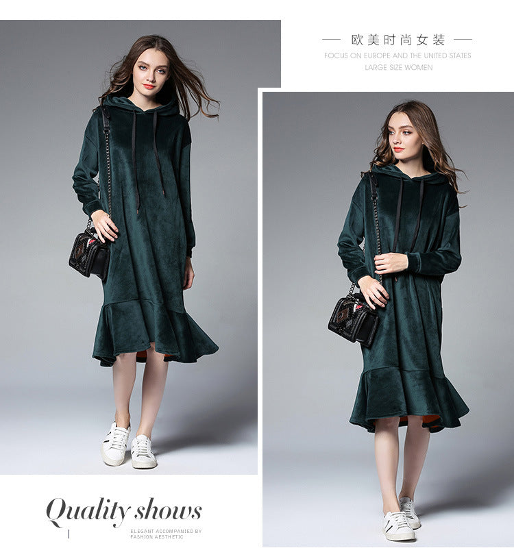 Europe and the United States 2018 large size women's autumn and winter fat mm long hooded sweater women's thick velvet bottoming skirt 6610