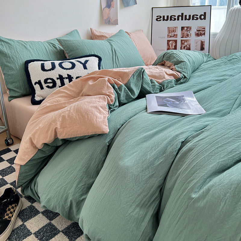 Autumn washed cotton four-piece set Nantong home textile bedding three-piece set bedding ins solid color bed sheet quilt cover 4-piece set