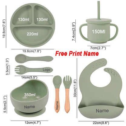 Baby silicone tableware set infant food bowl spoon saliva pocket children's 3-grid silicone dinner plate straw cup