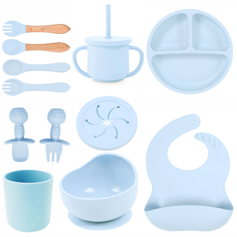 Baby silicone tableware set infant food bowl spoon saliva pocket children's 3-grid silicone dinner plate straw cup
