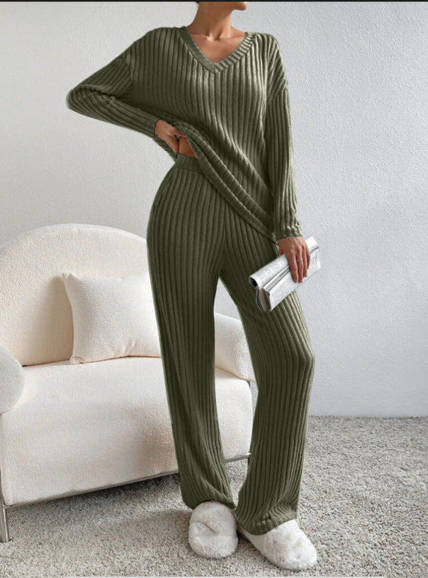 Cross-border two-piece suit for women 2025 autumn new style fashion casual straight pants temperament loose V-neck pit striped knitted suit