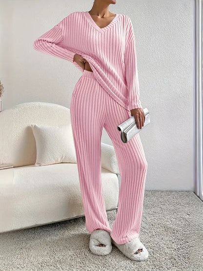 Cross-border two-piece suit for women 2025 autumn new style fashion casual straight pants temperament loose V-neck pit striped knitted suit