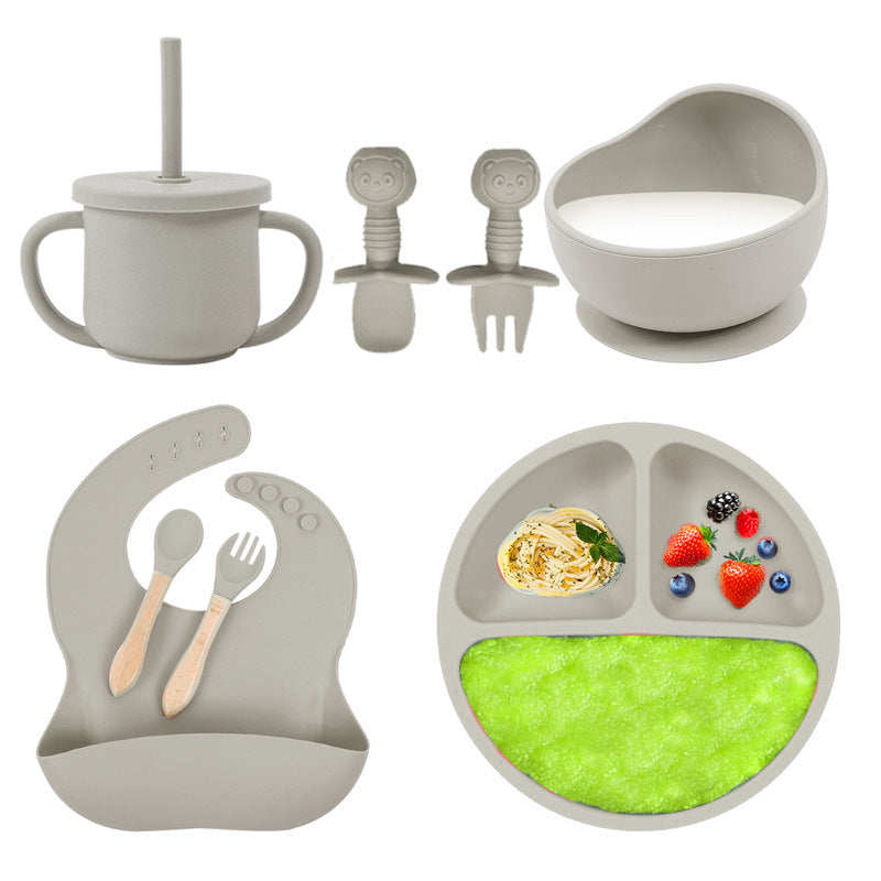 Baby silicone tableware set infant food bowl spoon saliva pocket children's 3-grid silicone dinner plate straw cup