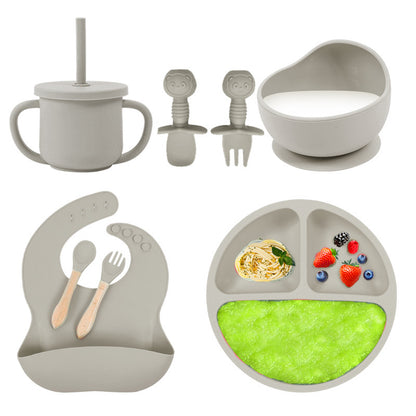Baby silicone tableware set infant food bowl spoon saliva pocket children's 3-grid silicone dinner plate straw cup