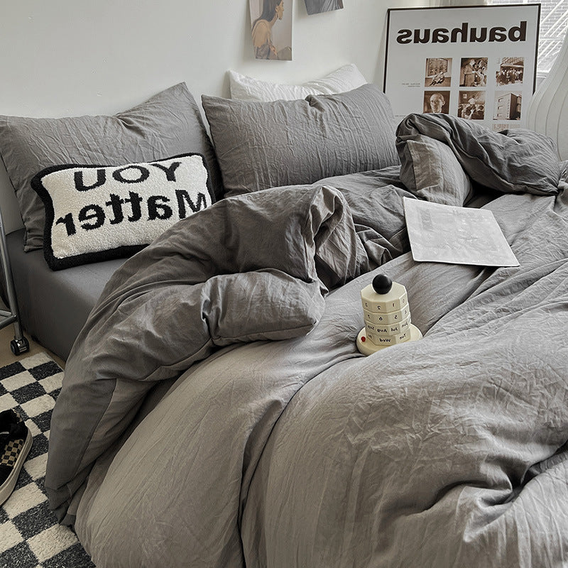 Autumn washed cotton four-piece set Nantong home textile bedding three-piece set bedding ins solid color bed sheet quilt cover 4-piece set