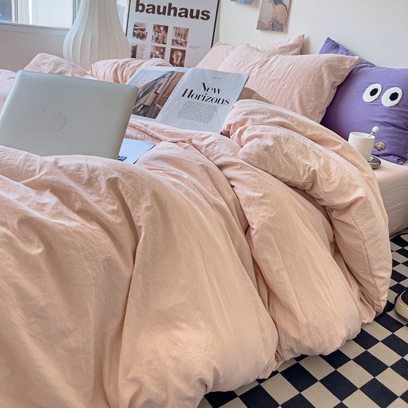 Autumn washed cotton four-piece set Nantong home textile bedding three-piece set bedding ins solid color bed sheet quilt cover 4-piece set