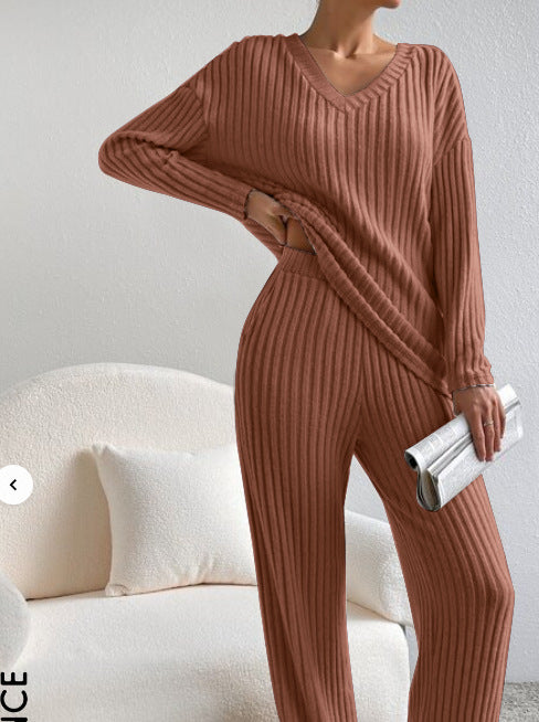 Cross-border two-piece suit for women 2025 autumn new style fashion casual straight pants temperament loose V-neck pit striped knitted suit
