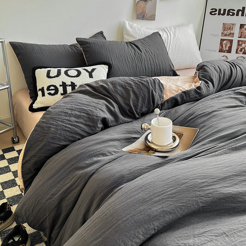 Autumn washed cotton four-piece set Nantong home textile bedding three-piece set bedding ins solid color bed sheet quilt cover 4-piece set