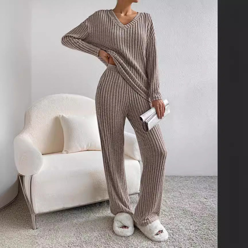 Cross-border two-piece suit for women 2025 autumn new style fashion casual straight pants temperament loose V-neck pit striped knitted suit