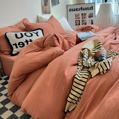 Autumn washed cotton four-piece set Nantong home textile bedding three-piece set bedding ins solid color bed sheet quilt cover 4-piece set