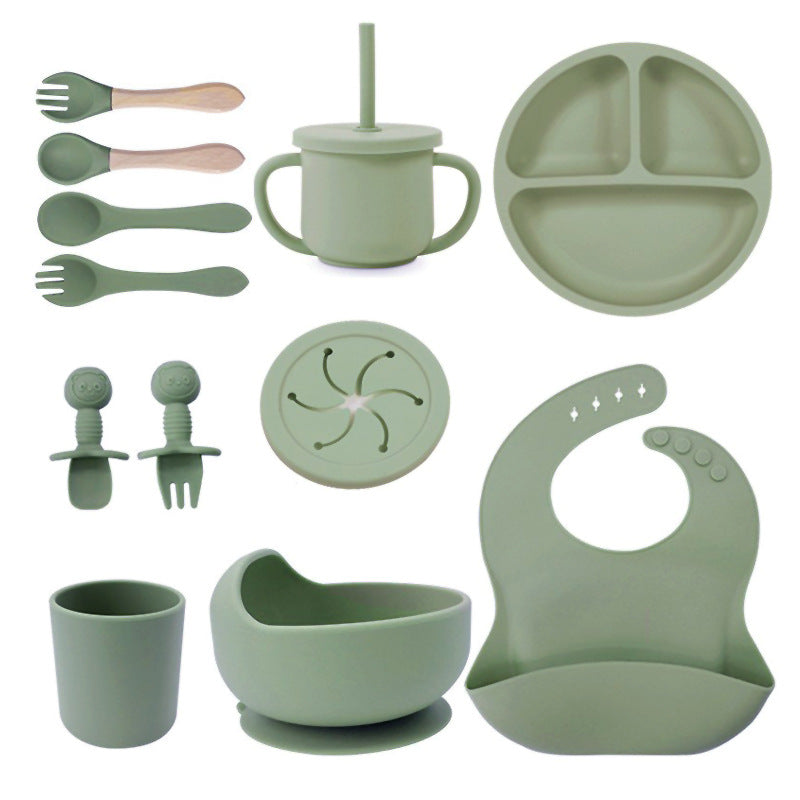 Baby silicone tableware set infant food bowl spoon saliva pocket children's 3-grid silicone dinner plate straw cup