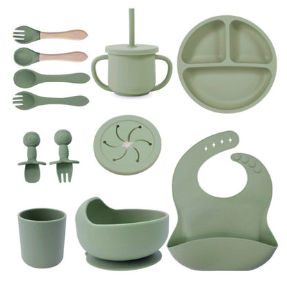 Baby silicone tableware set infant food bowl spoon saliva pocket children's 3-grid silicone dinner plate straw cup