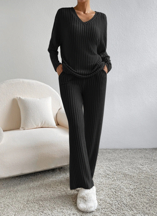 Cross-border two-piece suit for women 2025 autumn new style fashion casual straight pants temperament loose V-neck pit striped knitted suit